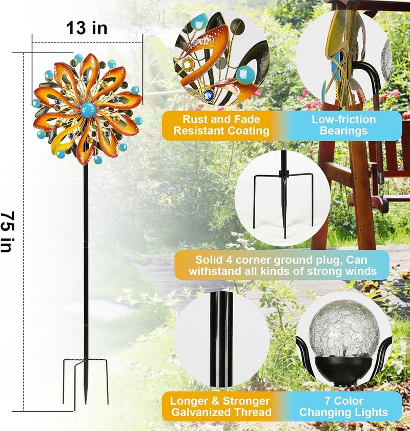 MLKNK Wind Spinners for Yard and Garden - Wind Sculptures & Spinners 75 in Garden Kinetic Art with Solar Powered Multi-Color Glass Ball Light - Gradient Brown - Image 3